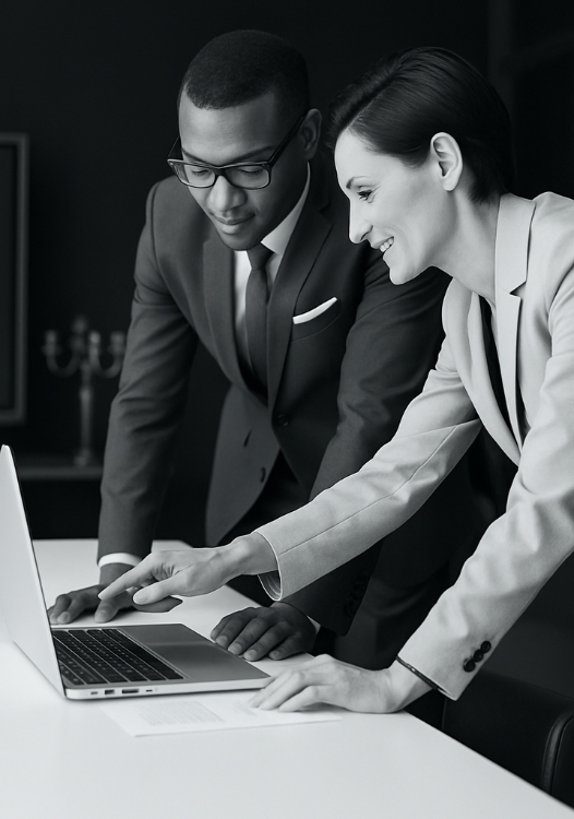 Two team members in suits collaborating over a laptop during a meeting.